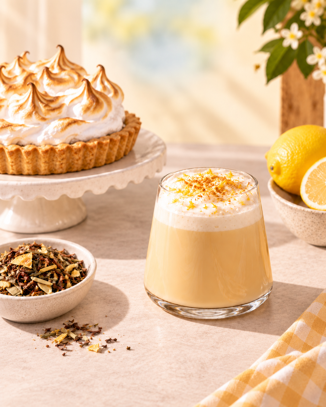 lemon tea latte next to pie and a pile of tea