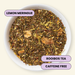 A top-down view of a white bowl filled with loose-leaf Rooibos tea labeled 'LEMON MERINGUE,' with additional text badges reading 'ROOIBOS TEA' and 'CAFFEINE FREE' on a light cream background.