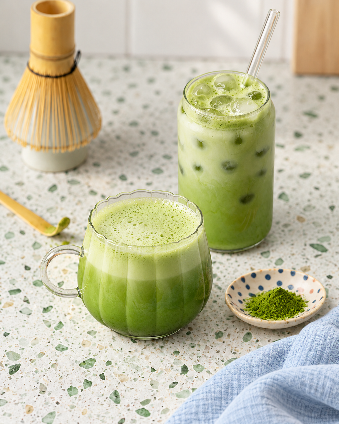 Two green matcha lattes s in clear glassware on a speckled countertop, with a bamboo whisk and a small dish of matcha green tea powder nearby.