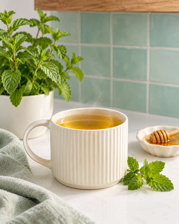 A white ribbed ceramic mug filled with steaming peppermint tea sits on a white countertop. A green mint leaf rests beside the mug, with a small dish of honey dipper and a potted mint plant in the background against a light green tiled wall.