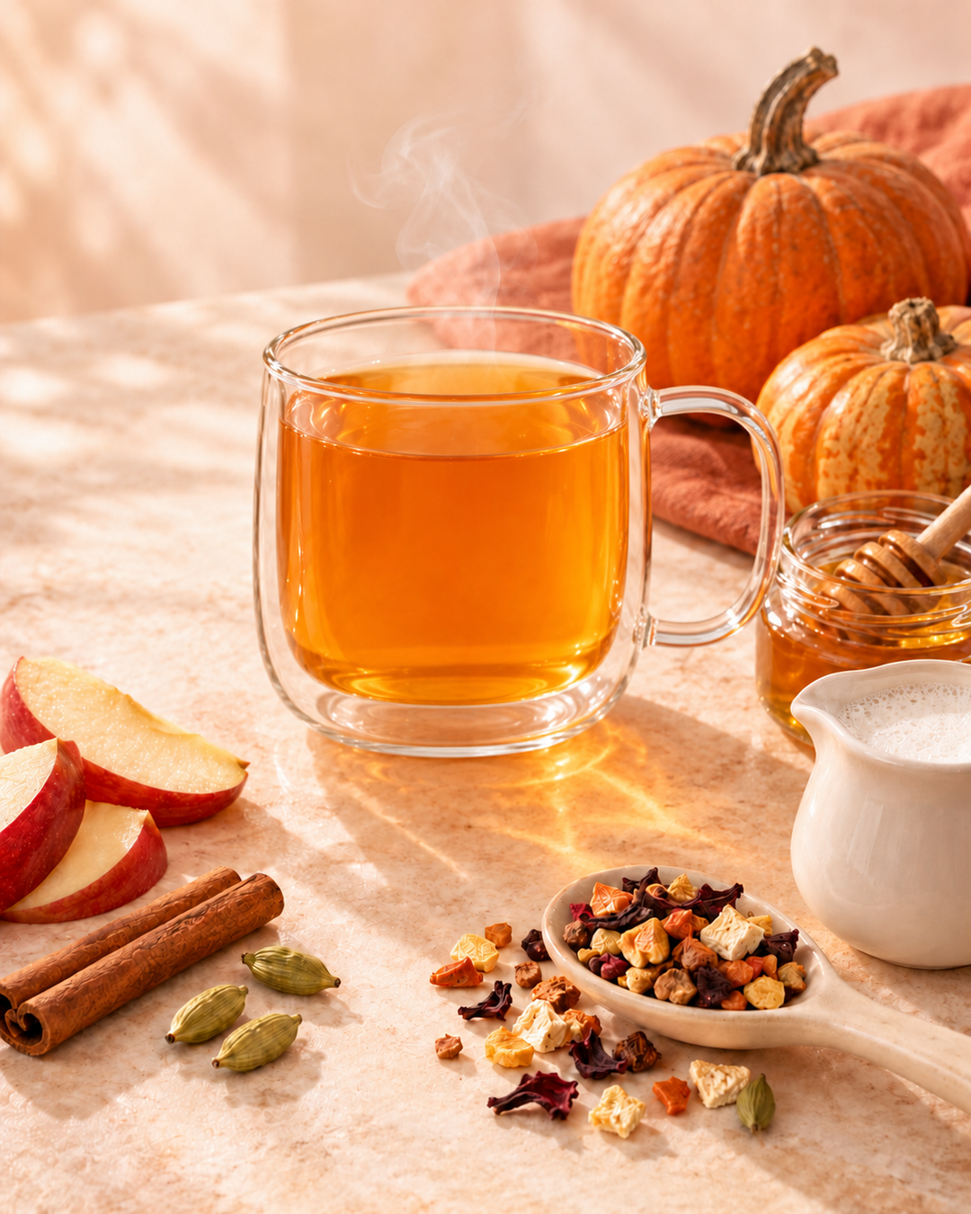 A clear double-walled glass mug filled with amber tea sits on a warm beige table, surrounded by fall ingredients including sliced red apple, cinnamon sticks, cardamom pods, a small dish of fruit tea mix, a honey dipper in a jar, and pumpkins in the background.