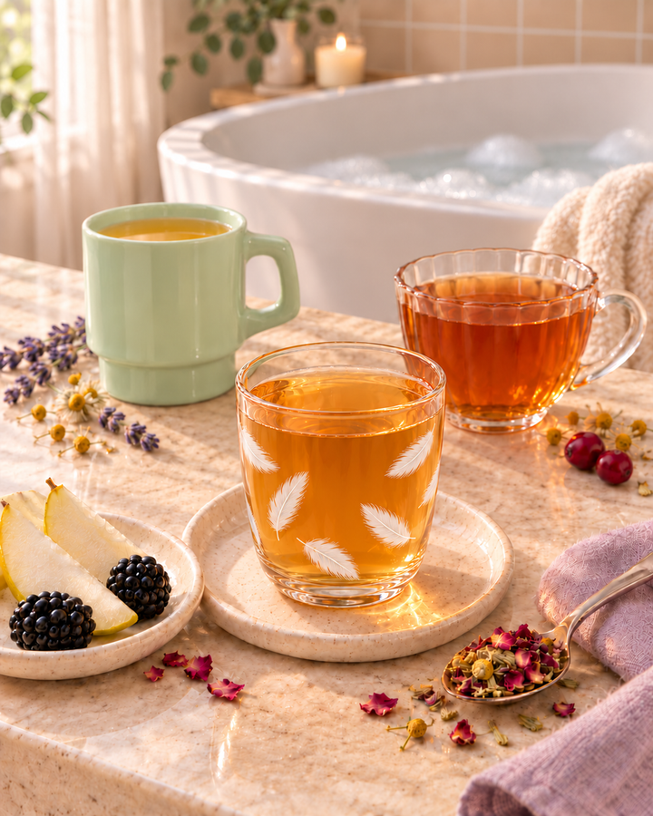 A styled bathroom scene with two clear glass cups filled with amber tea on a stone countertop, alongside a mint green mug, sliced pears, blackberries, dried flowers, and a towel. A blurred bathtub and candle are in the background.