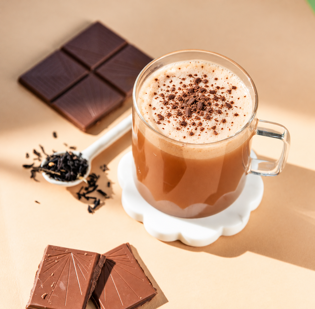 A frothy tea latte in a clear glass mug with a handle, topped with cocoa powder, set on a white coaster. Chocolate bars, loose tea leaves in a spoon, and warm sunlight create a cozy scene on a beige background.