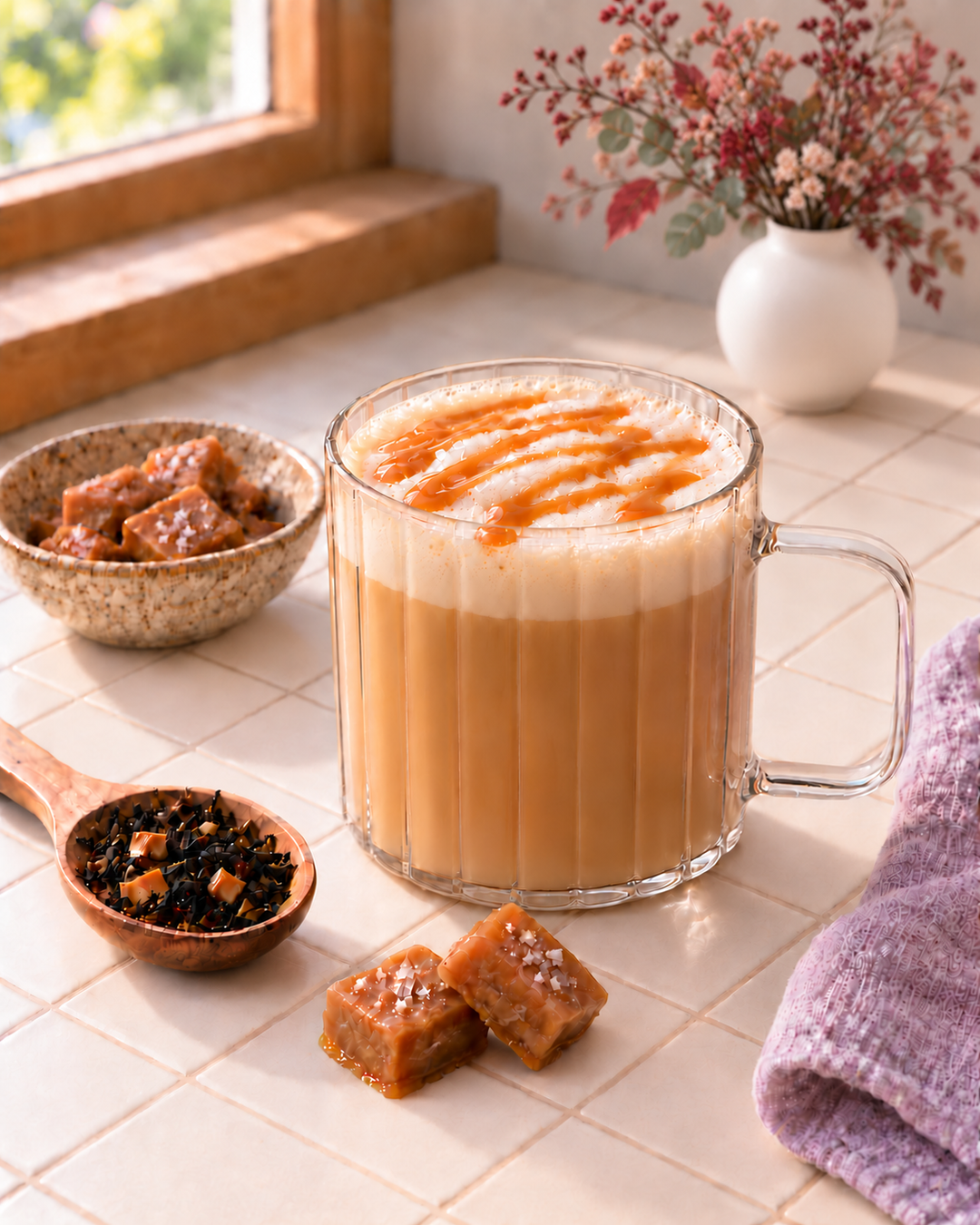 A frothy caramel black tea latte in a clear ribbed glass mug with a handle, set on a tiled countertop near a window. Two small bowls and a wooden spoon hold caramel pieces, with a purple towel on the right and a vase of flowers in the background.