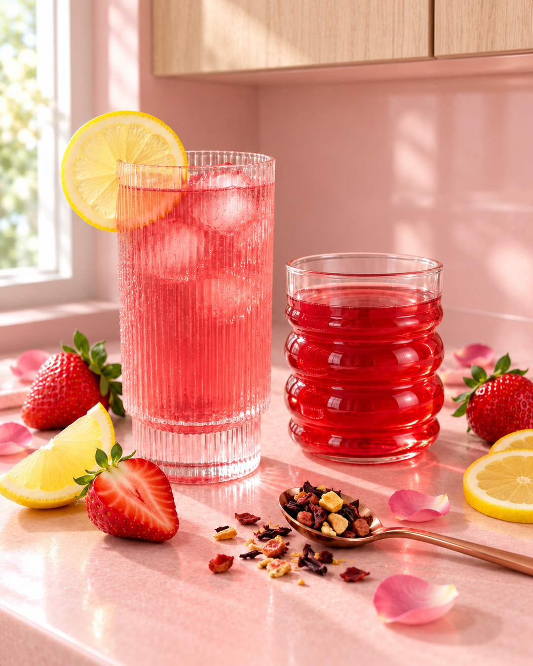 strawberry iced teas in glasses in a pink kitchen 