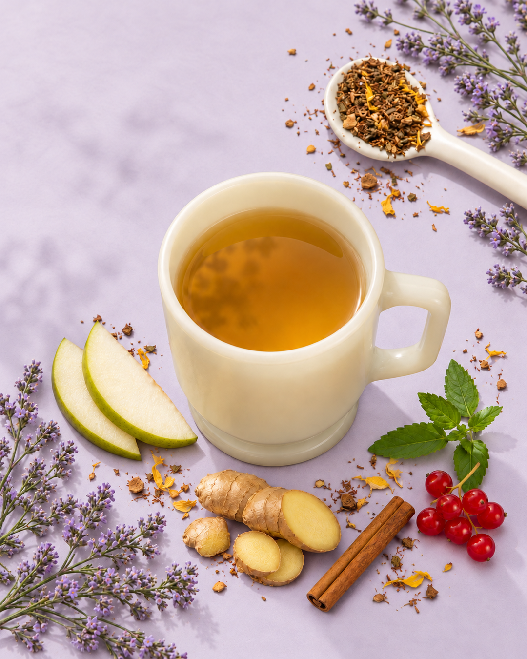 A white ceramic mug filled with amber tea, arranged on a light lavender surface with sliced green apple, ginger root, cinnamon stick, mint leaves, red berries, and a spoonful of loose herbal tea.