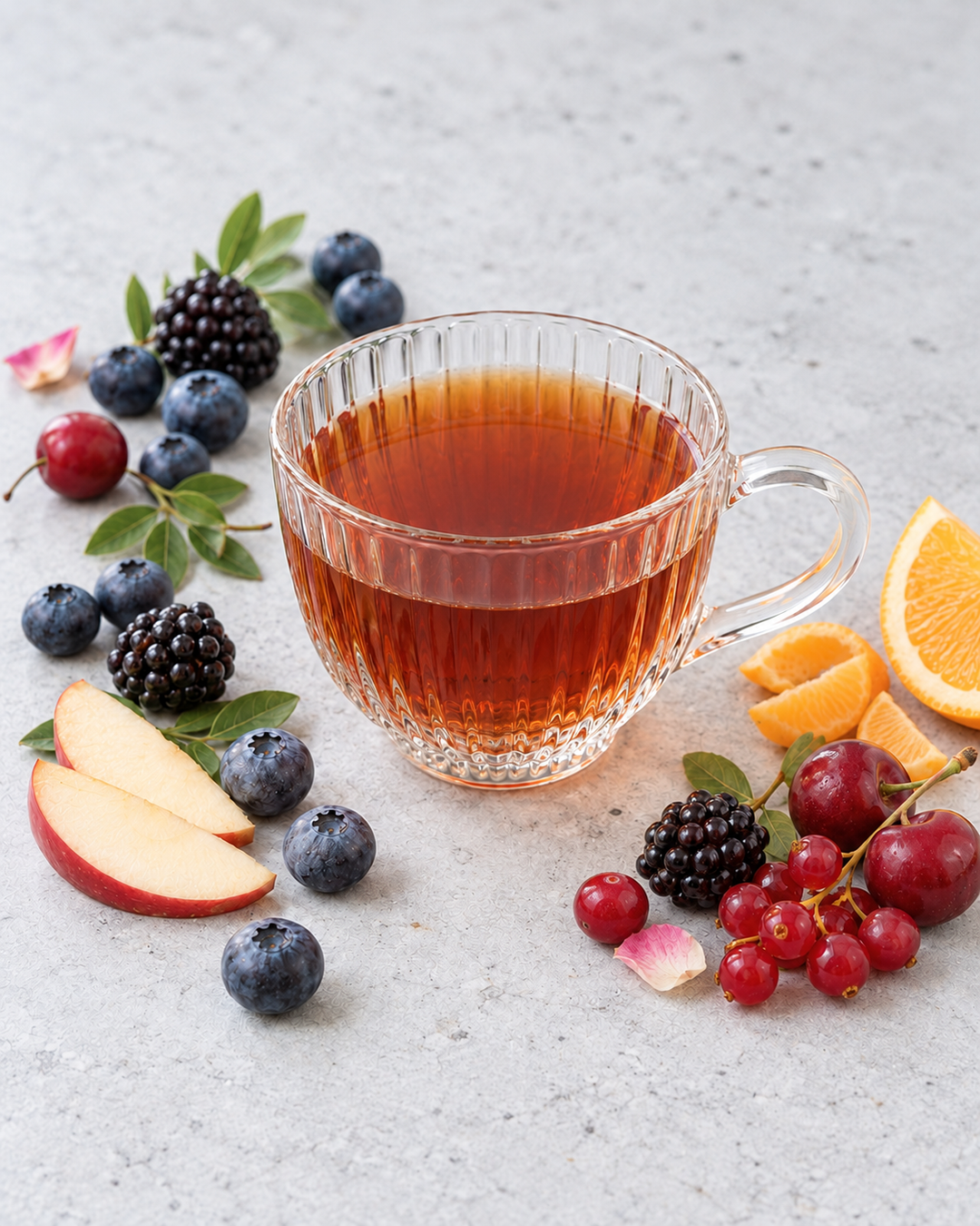 A clear ribbed glass mug filled with black tea, styled on a light gray surface with fresh berries, sliced apple, orange wedges, and a small pink flower.