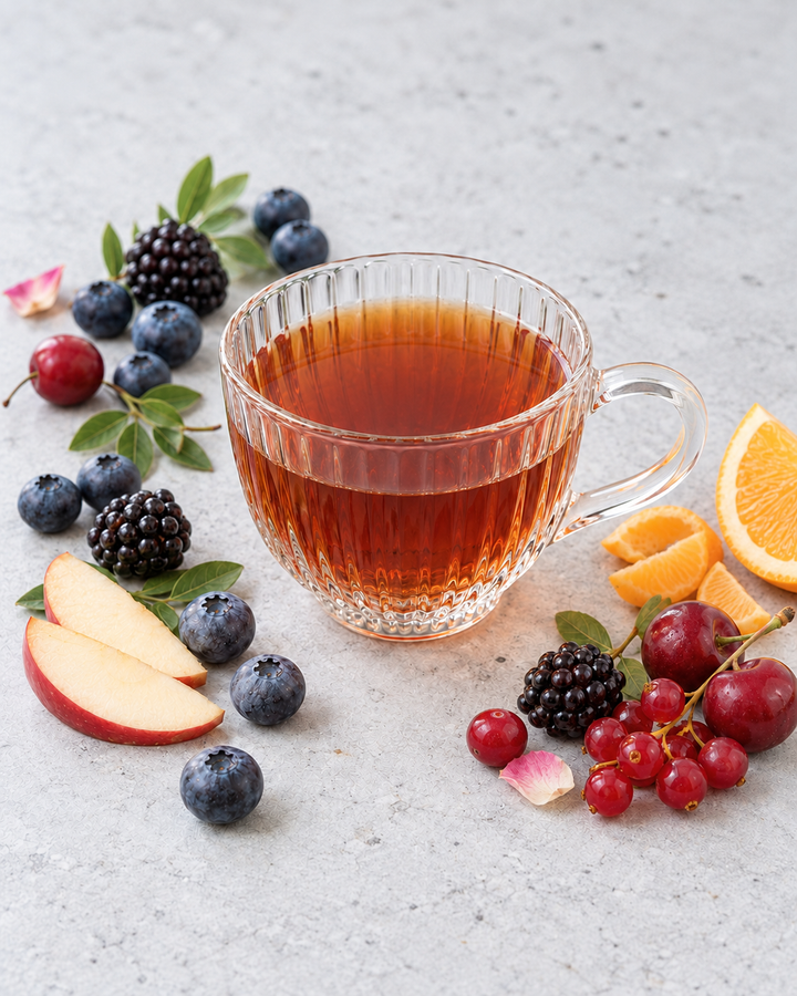 A clear ribbed glass mug filled with black tea, styled on a light gray surface with fresh berries, sliced apple, orange wedges, and a small pink flower.