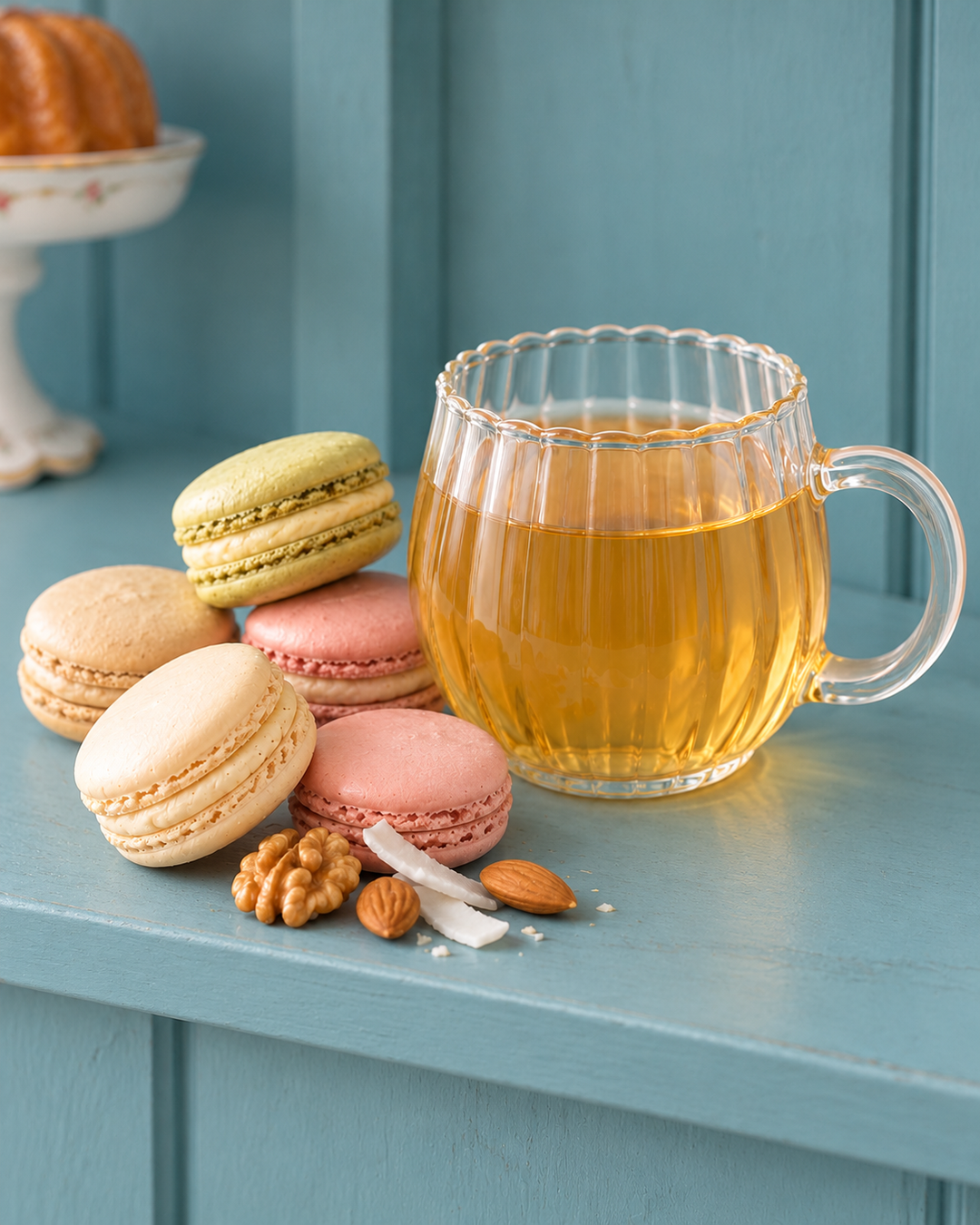 A clear ribbed glass mug filled with green tea sits on a light blue wooden surface beside several pastel macarons, walnuts, and a few almonds. The background is a matching blue paneled surface.