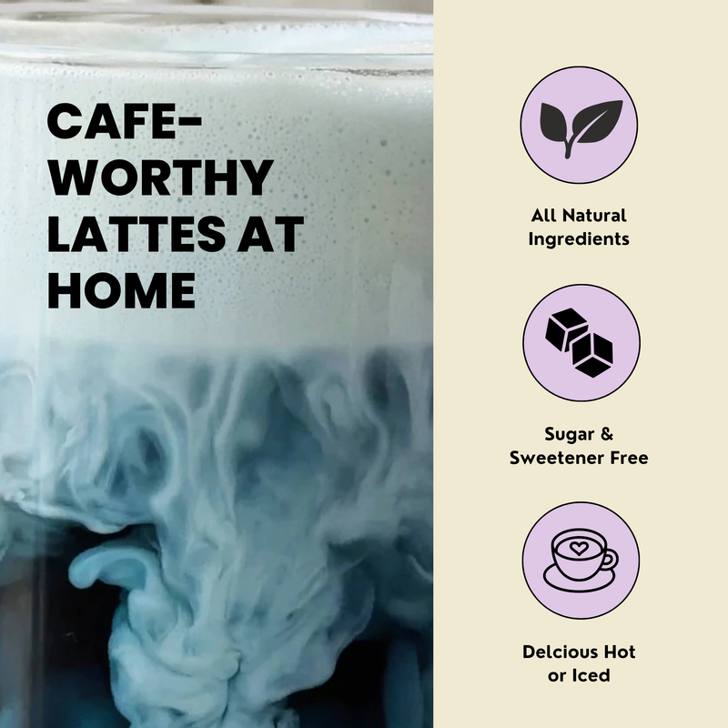 Promotional graphic for a coffee latte product. The left side shows a close-up of a frothy light blue latte with bold black text reading 'CAFE-WORTHY LATTES AT HOME.