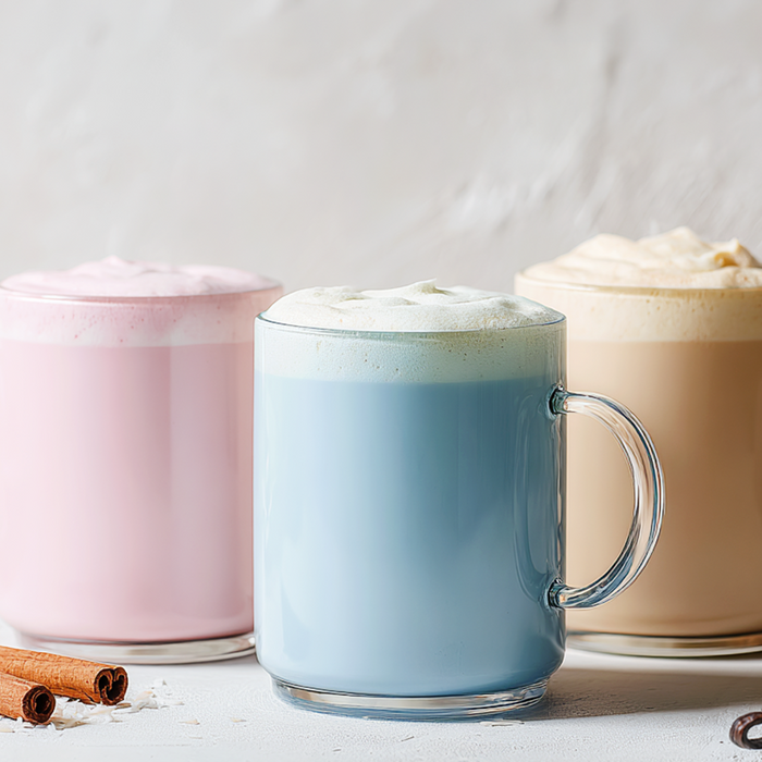 Three colorful mugs filled with hot beverages on a light surface with a pink cloth and cookies.