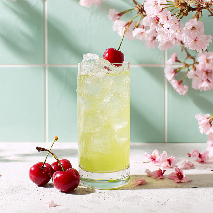 Cocktail with cherries and ice in a glass, cherry blossoms in the background