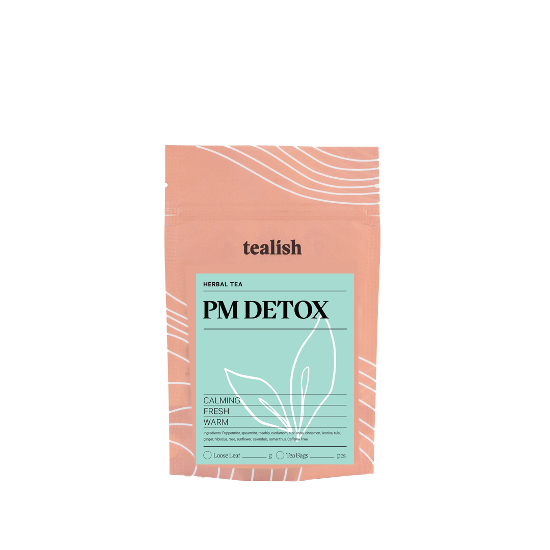 tealish pm detox herbal tea. loose leaf tea with peppermint and spearmint. tea for digestion. tea for calming. bedtime tea. sleep tea. 