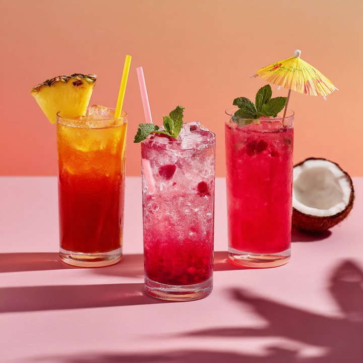 Three colorful cocktails with garnishes on a pink background