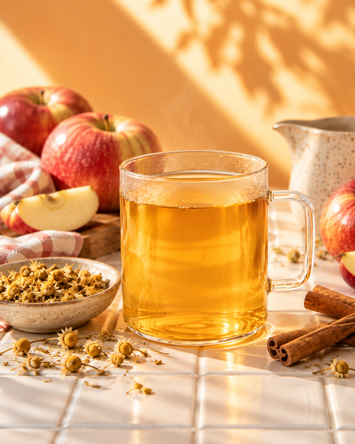 A clear glass mug filled with amber tea sits on a tiled surface, surrounded by red apples, loose chamomile flowers, cinnamon sticks, and a small cream pitcher in warm sunlight.