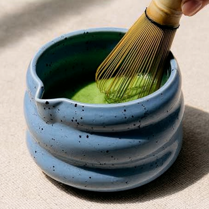 tealish blue speckled japanese matcha bowl for whisking 