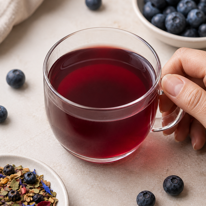 A hand holds a clear glass mug filled with dark red berry tea, set on a light beige surface with scattered blueberries, a small dish of loose flower and herb tea, and a bowl of fresh blueberries in the background.