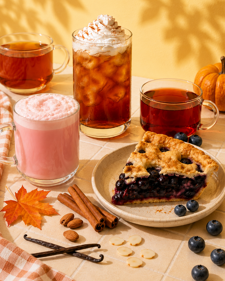 Autumn-themed beverage and dessert spread on a beige table: three mugs of hot drinks including an iced coffee with whipped cream, a pink drink, and a cup of dark tea, alongside a slice of blueberry pie on a plate with blueberries, cinnamon sticks, vanilla beans, almonds, a small pumpkin, and a checkered cloth against a yellow wall with leaf shadows.