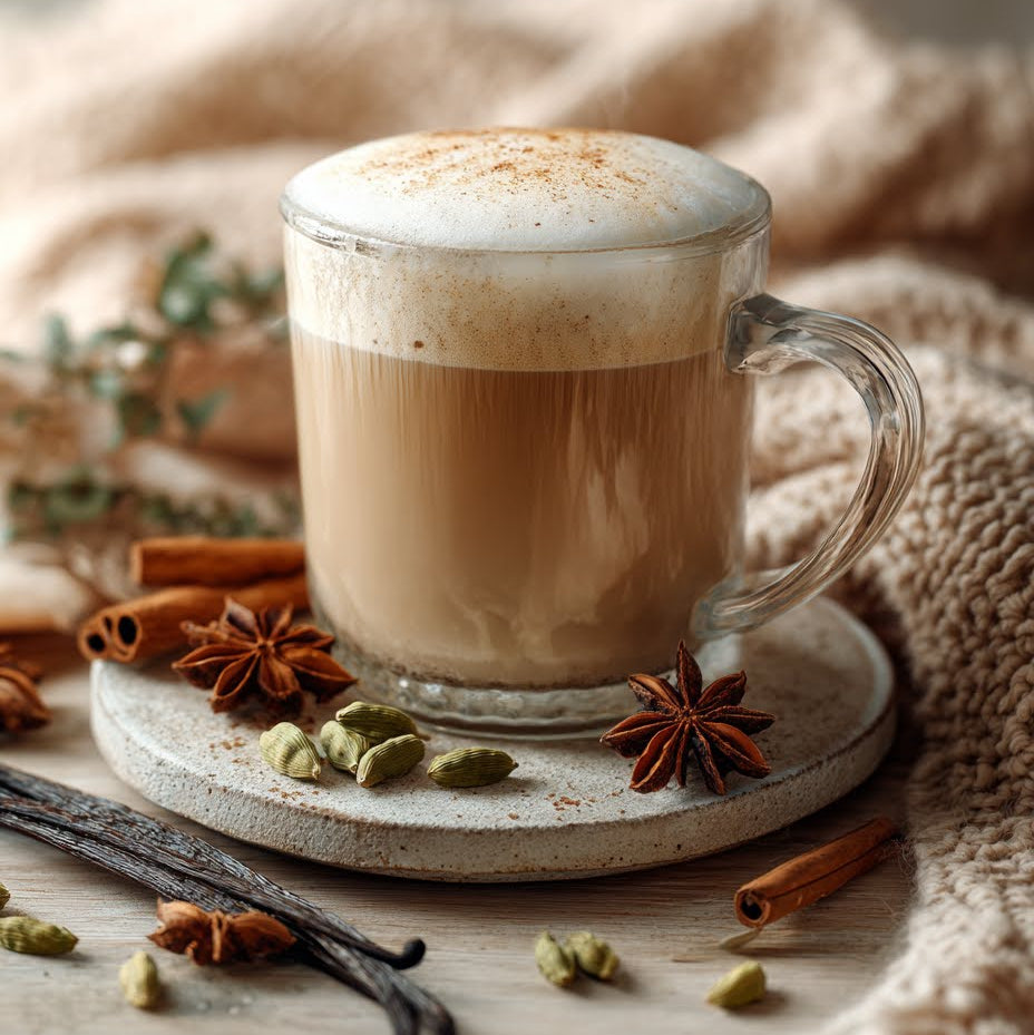 Glass mug of latte with cinnamon sticks, star anise, and vanilla beans on a wooden surface.
