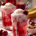 Frosted glass with red syrup, ice cream, and cherries on a checkered tablecloth.