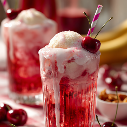 Frosted glass with red syrup, ice cream, and cherries on a checkered tablecloth.
