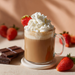 Hot chocolate with whipped cream, strawberries, and chocolate bars on a beige background