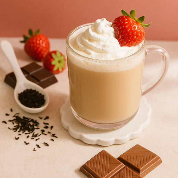 Glass of creamy beverage with whipped cream and a strawberry, surrounded by chocolate pieces and strawberries on a light pink background.