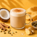 A clear glass mug filled with a frothy latte or coffee drink topped with cinnamon dusting, styled on a warm yellow surface with a coconut half, cinnamon sticks, cardamom pods, ginger root, and a small bowl of spices.