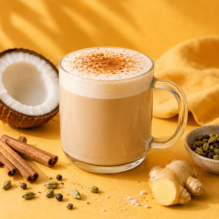A clear glass mug filled with a frothy latte or coffee drink topped with cinnamon dusting, styled on a warm yellow surface with a coconut half, cinnamon sticks, cardamom pods, ginger root, and a small bowl of spices.