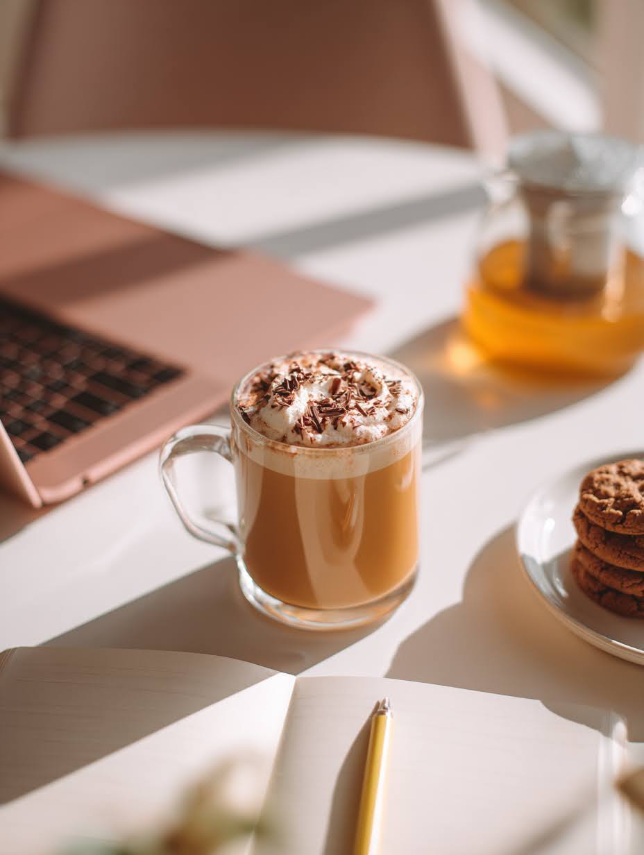 Cup of tea latte with whipped cream and chocolate shavings on a desk with a laptop and cookies.
