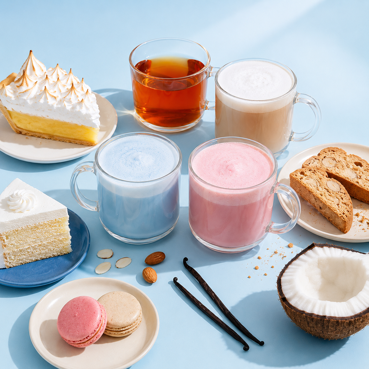 Four glass mugs filled with colorful drinks arranged on a light blue surface with desserts around them: a lemon meringue pie, biscotti, macarons, a sliced cake, vanilla beans, almonds, and a coconut half.