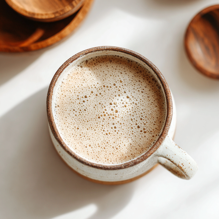 Ceramic mug with a frothy beverage on a light surface with wooden coasters.