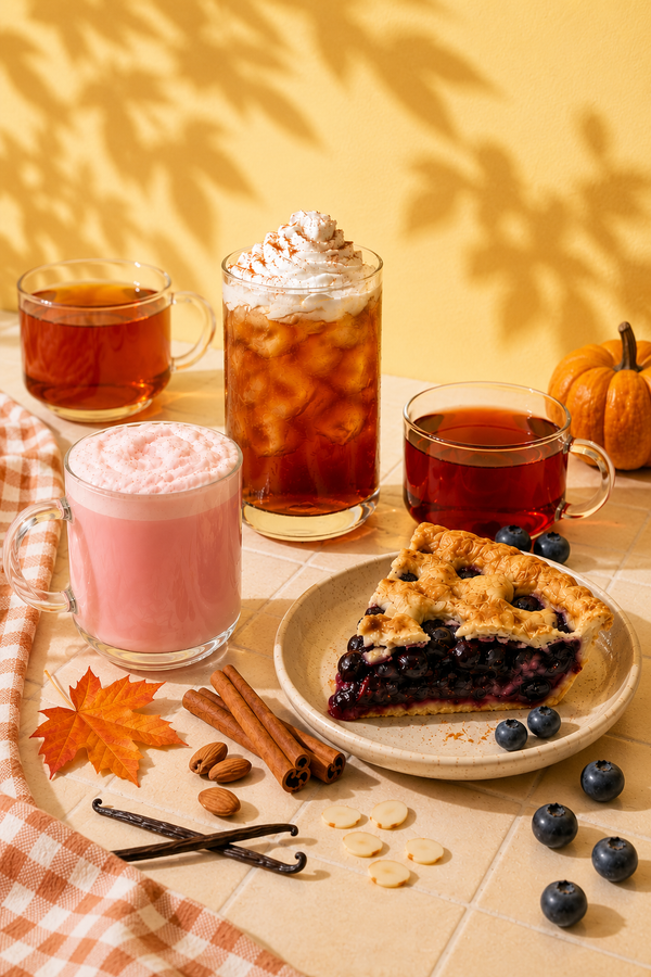 Autumn-themed beverage and dessert spread on a beige table: three mugs of hot drinks including an iced coffee with whipped cream, a pink drink, and a cup of dark tea, alongside a slice of blueberry pie on a plate with blueberries, cinnamon sticks, vanilla beans, almonds, a small pumpkin, and a checkered cloth against a yellow wall with leaf shadows.
