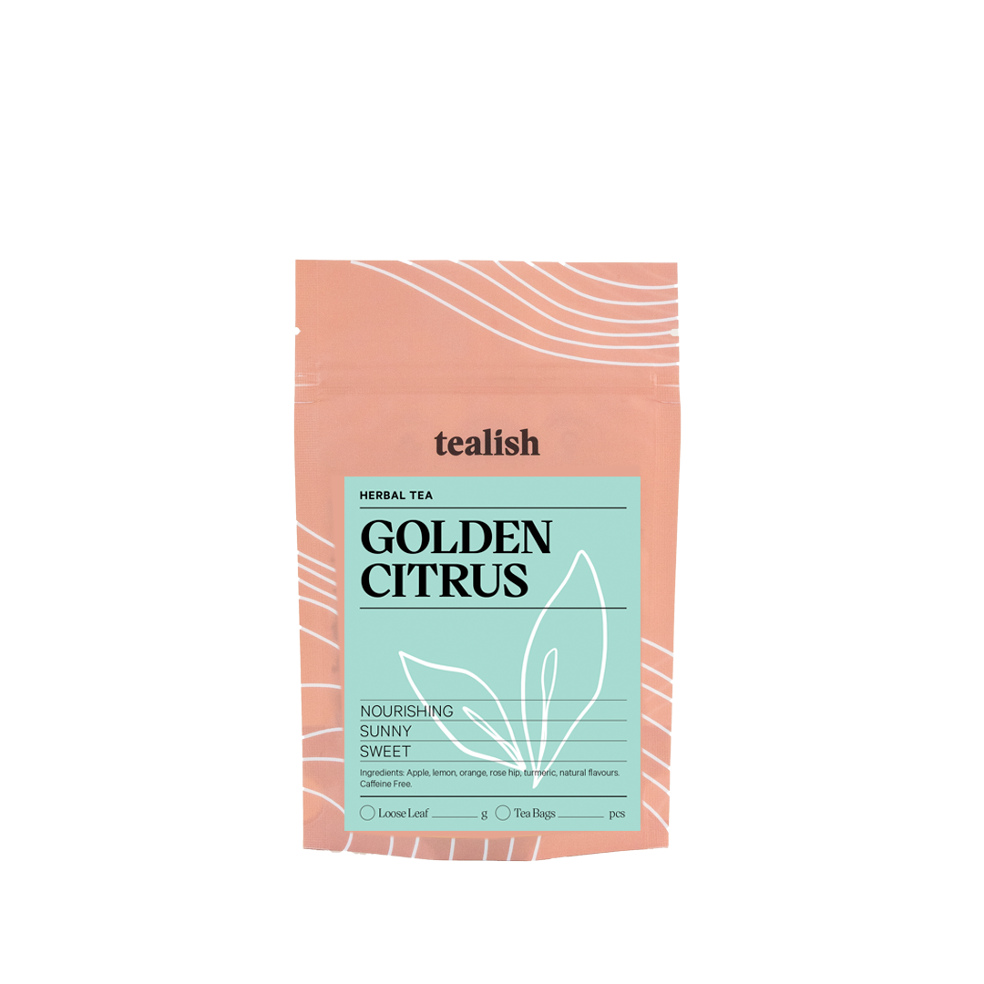 A picture of golden citrus herbal tea package