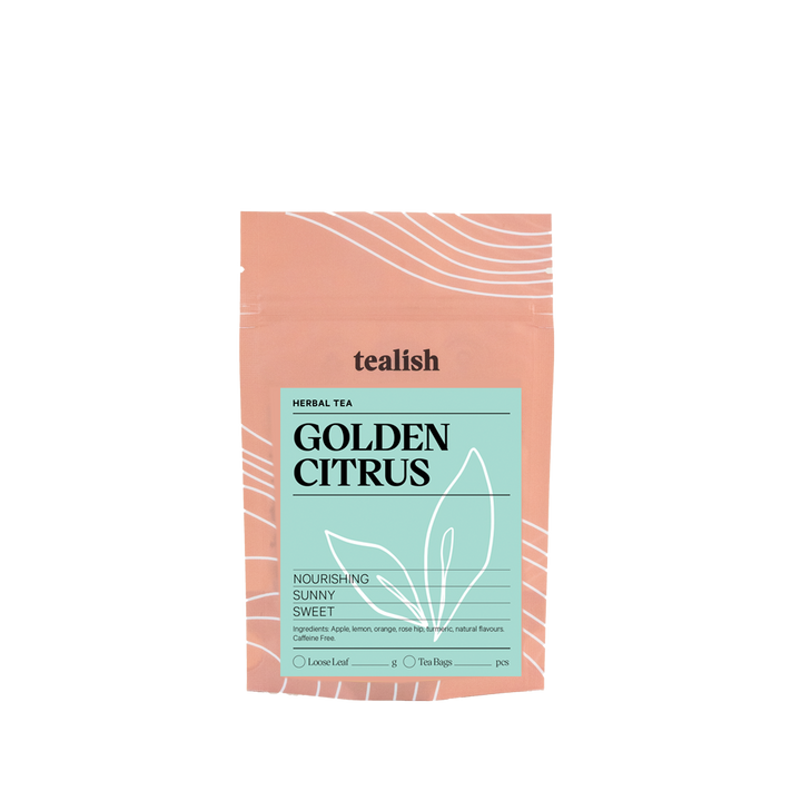 A picture of golden citrus herbal tea package