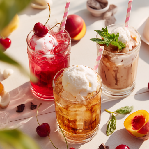 Three glasses of iced drinks with ice cream, cherries, and mint leaves on a light surface.