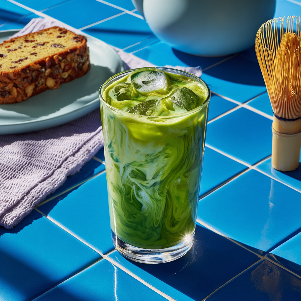 Glass of green iced drink with ice cubes on a blue tiled surface, with a plate of bread and a tea set in the background.