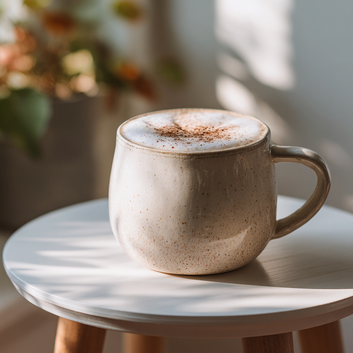 Ceramic mug with a hot beverage on a small round table with a blurred indoor background