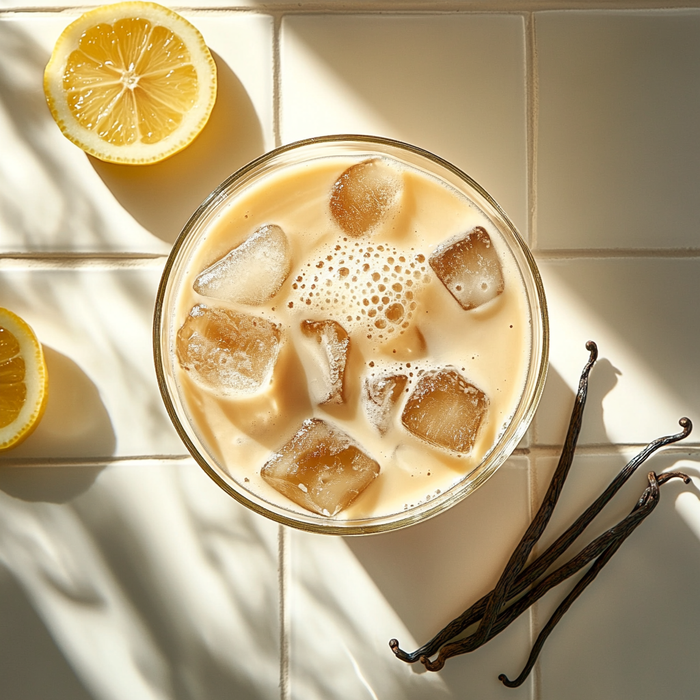 Glass of iced tea with milk and lemon slices and vanilla beans on a tiled surface