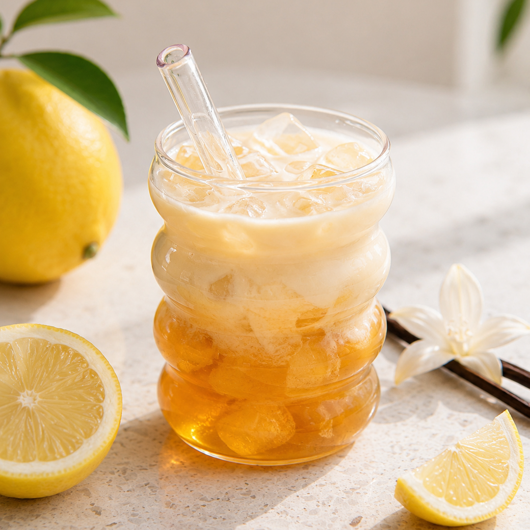 Glass of iced lemonade with a straw, surrounded by lemons and flowers on a light surface.