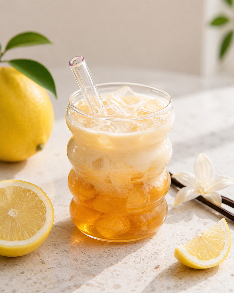Glass of iced lemonade with a straw, surrounded by lemons and flowers on a light surface.