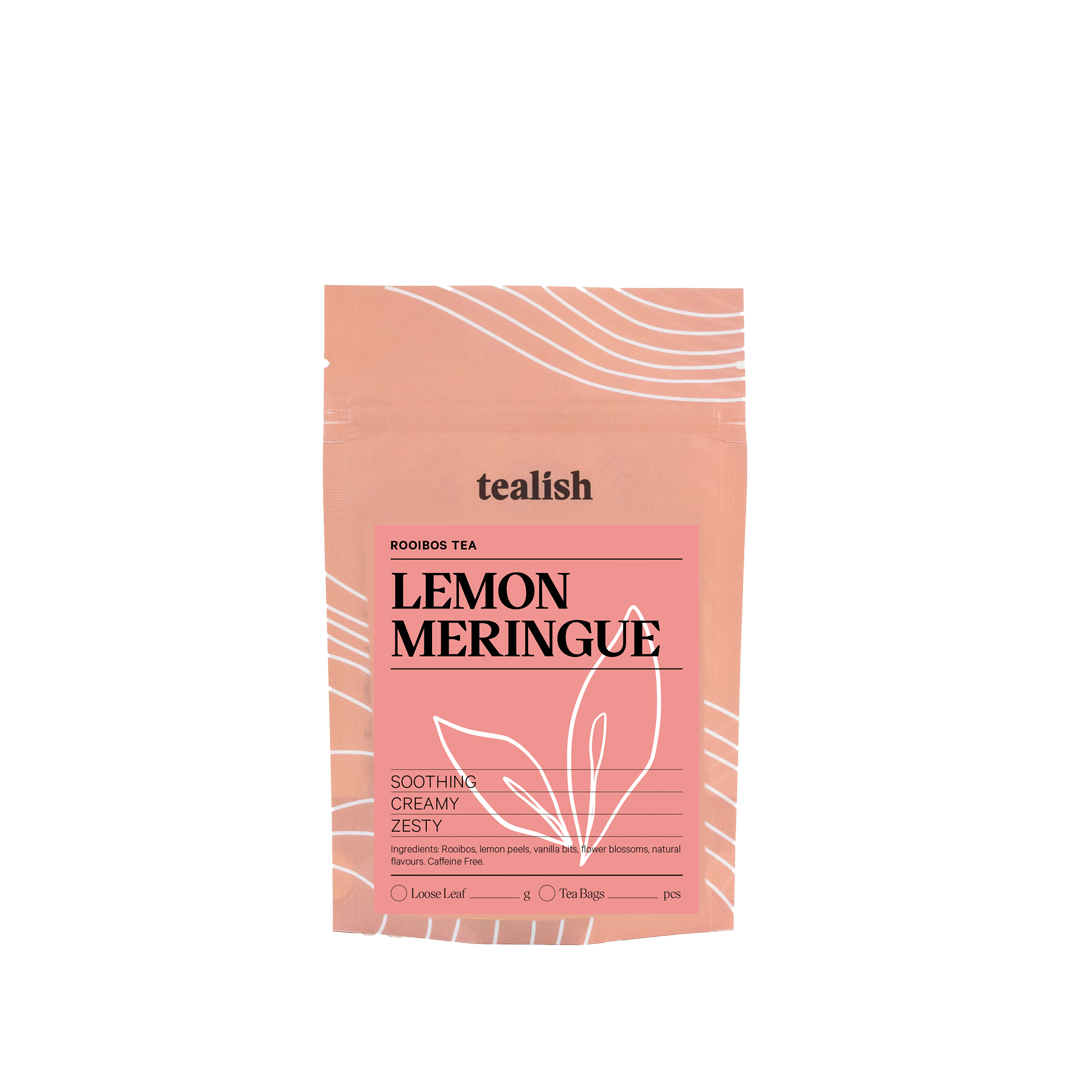 tealish lemon meringue rooibos tea. loose leaf tea. caffeine free dessert tea. Lemon and vanilla herbal tea. Perfect for making a tea latte. 