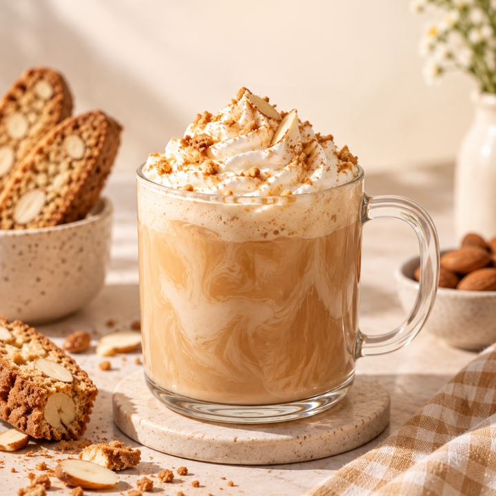 A glass mug filled with a creamy latte topped with whipped cream and crushed cookie crumbs, styled on a coaster with cookies, almonds, and a checkered cloth in a warm indoor setting.
