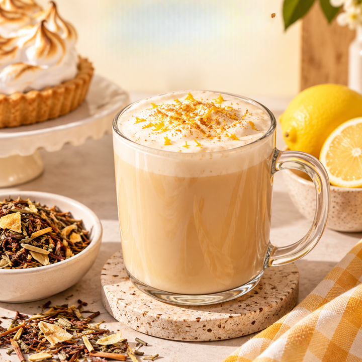 A clear glass mug filled with a light tan latte topped with whipped cream and a sprinkle of zest, set on a stone coaster in a styled tea-drinking scene with lemons, a tart, loose leaf tea, and a checkered cloth.
