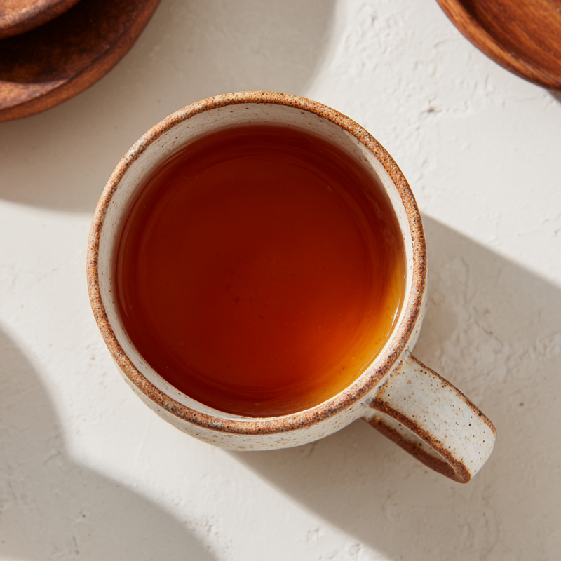 Ceramic mug with tea on a light surface with wooden coasters
