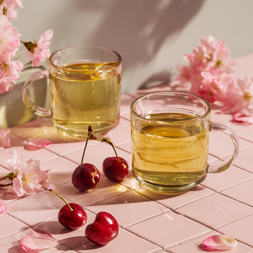 Two glasses of tea with cherry blossoms and cherries on a pink tiled surface.