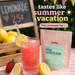 Pink lemonade tea with lemons, strawberries, and a chalkboard sign in a summery setting.