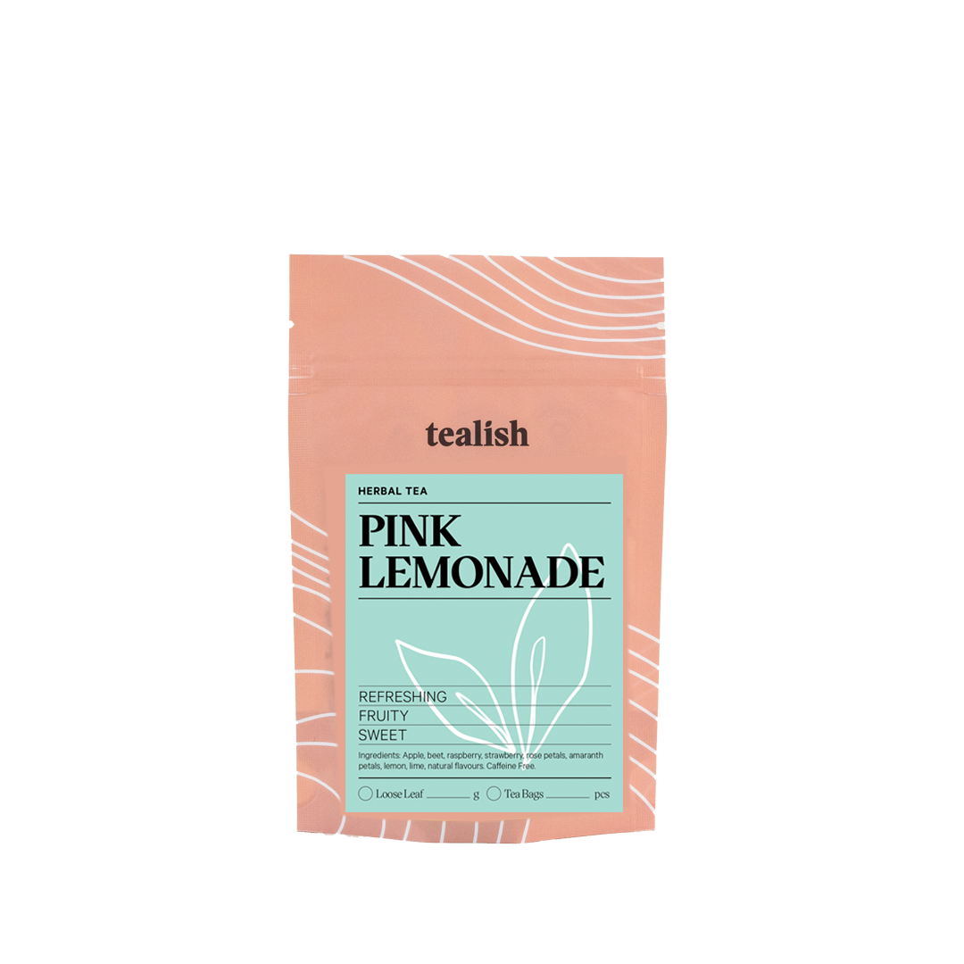 tealish pink lemonade herbal tea. loose leaf tea. strawberry and lemon caffeine free herbal tea. perfect for making iced tea. 