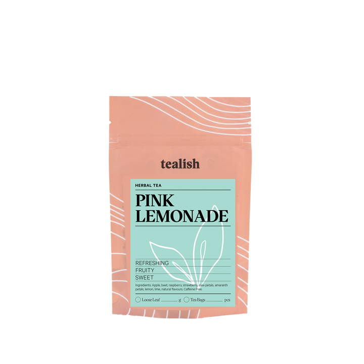 tealish pink lemonade herbal tea. loose leaf tea. strawberry and lemon caffeine free herbal tea. perfect for making iced tea. 