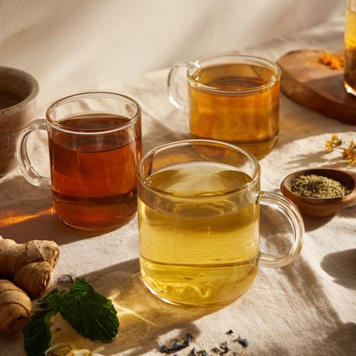 Tea cups with various herbs and spices on a textured surface